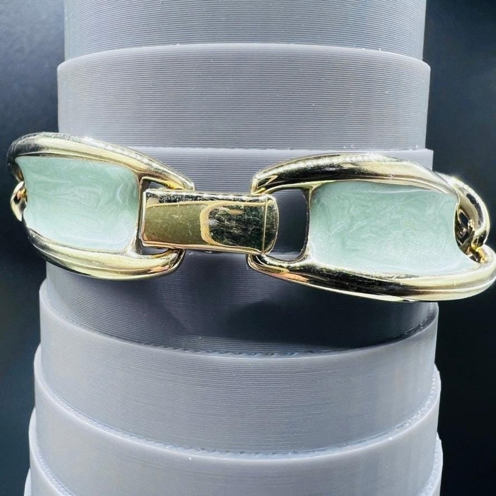 Vintage Trifari Panel Bracelet Enamel Aqua Green Gold Tone Fold‎ Over Clasp